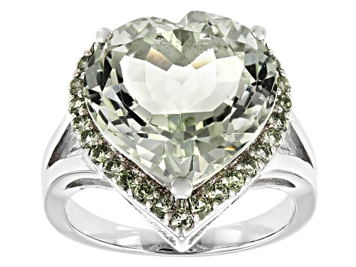 7.57ct Heart Shape Prasiolite with .51ctw Round Green Sapphire Rhodium Over Silver Ring - Size 7