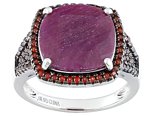 7.70ct Square Cushion Indian Ruby And .65ctw Round Vermelho Garnet™ Sterling Silver Ring - Size 8