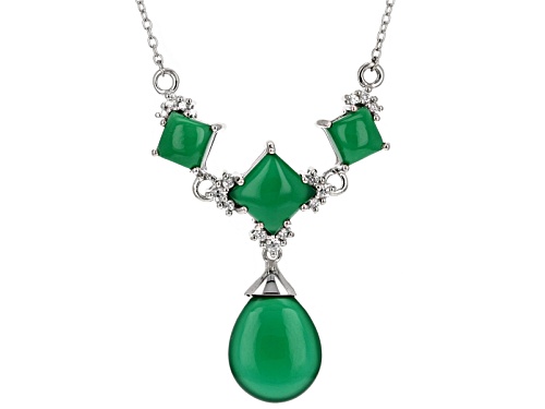 14x12mm Drop & 6-8mm Square Green Chalcedony With .26ctw Round White Zircon Silver Bib Necklace - Size 18