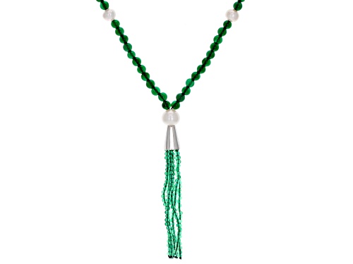 2-4mm Round Green Onyx With 6-8mm Round Cultured Freshwater Pearl Silver Tassel Necklace - Size 32