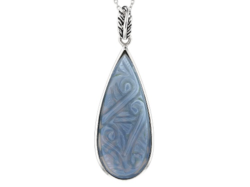 42x18mm Pear Shape Hand Carved Blue Opal Rhodium Over Sterling Silver Pendant With Chain