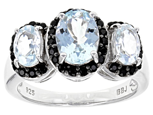 1.53ctw Oval Brazilian Aquamarine With .28ctw Round Black Spinel Sterling Silver 3-stone Ring - Size 6