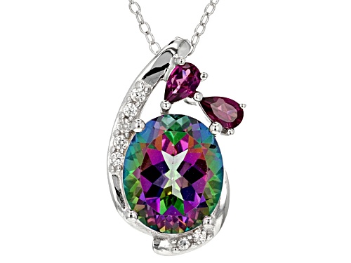 5.61ct Mystic Fire® Green Topaz, 0.64ctw Raspberry Rhodolite & White Zircon Silver Pendant W/Chain