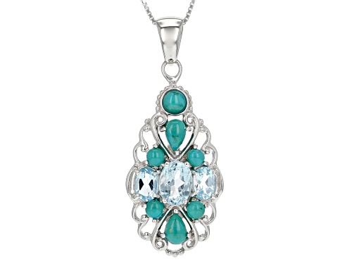 2.02CTW OVAL GLACIER TOPAZ(TM) AND MIXED SHAPE TURQUOISE RHODIUM OVER SILVER PENDANT WITH CHAIN