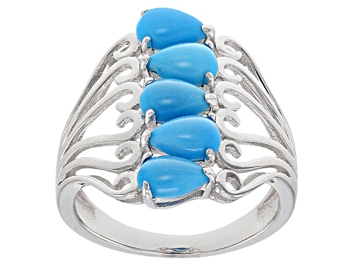 6x4mm Pear Shape Cabochon Sleeping Beauty Turquoise Rhodium Over Sterling Silver 5-Stone Ring - Size 6