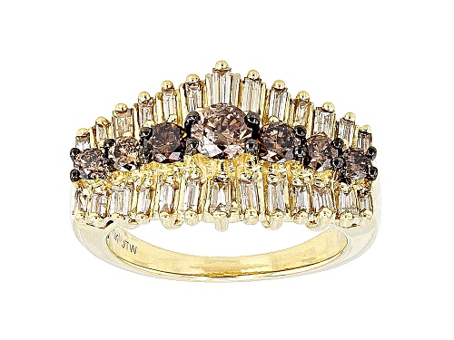 1.25ctw Round And Baguette Champagne Diamond 10k Yellow Gold Ring - Size 5