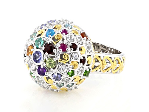 3.43ctw Multi Gemstone Rhodium & 24K Yellow Gold Over Palladium Sterling Silver Spinner Ring - Size 9
