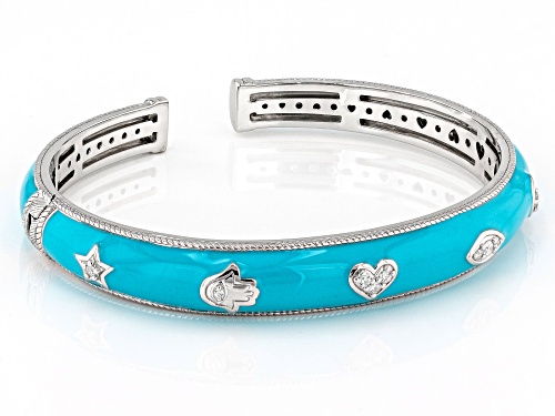 Judith Ripka 0.35ctw Bella Luce® and Blue Enamel Rhodium Over Sterling Silver Luck Cuff Bracelet - Size 7