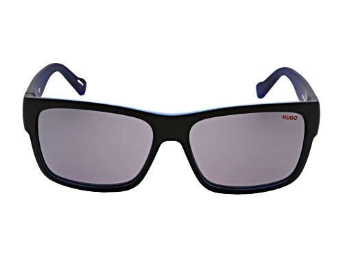 Hugo Boss Men's Matte Black and Blue Rectangular Frame / Gray Lenses Sunglasses