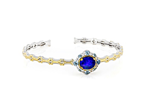 10x8mm Australian Opal, 1.08ctw Swiss Blue Topaz, Zircon Rhod/24K Gold Over Palladium Silver Bangle - Size 7