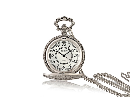 Geneva Silver Tone Scenic Dog Watching Duck with Chain Pocket Watch