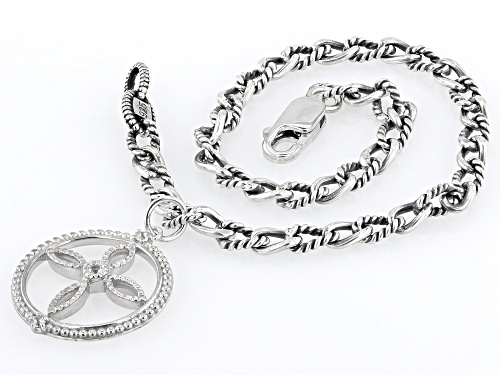 Judith Ripka Rhodium over Sterling Silver Textured Curb Chain Bracelet with Cross Charm - Size 7.5