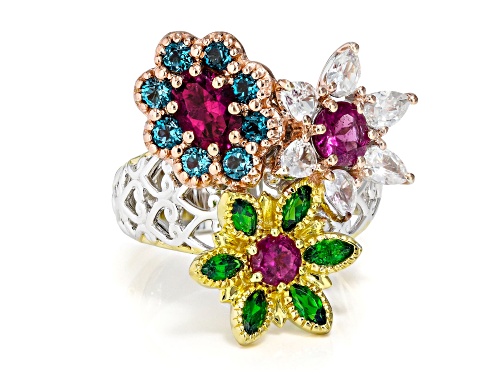 3.80ctw Rubellite, Multi Gemstone Rhodium/18k & 24k Gold Over Palladium Sterling Silver Ring - Size 10