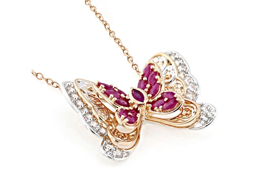 2.34ctw Ruby, White Zircon Rhodium & 18k Rose Gold Over Palladium Sterling Silver Butterfly Necklace - Size 18
