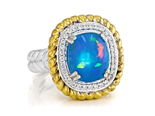 3.62ctw Paraiba Opal, White Zircon Rhod/24k Yellow Gold Over Palladium Sterling Silver Ring - Size 9