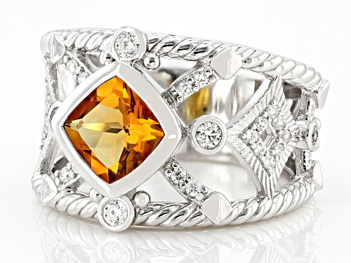 Judith Ripka 1.30ct Citrine With 0.55ctw Bella Luce® Rhodium Over Sterling Silver Textured Band Ring - Size 6