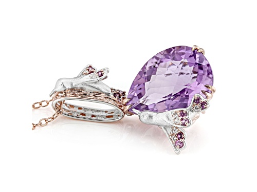 15.35ctw Amethyst, Rhodolite and White Zircon Rhod/18k Rose Gold Over Palladium Silver Pend W/ Chain