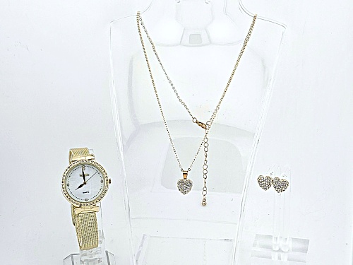 Kensie 9151 Gold Tone Women's Mesh Watch with Coordinating Earrings and Necklace Set