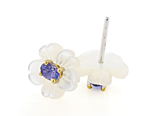 0.38ctw Tanzanite, 10mm Mother-Of-Pearl Rhod/24K Yellow Gold Over Palladium Sterling Silver Earrings