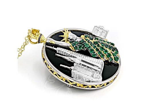 1.30ctw Grizzly Emerald & Onyx Rhodium/24k Gold Over Palladium Silver Pendant Brooch With Chain
