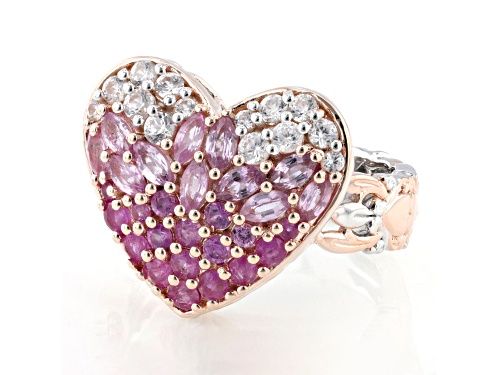 2.56ctw Pink Sapphire, Ruby, White Zircon Rhodium, 18k Rose Gold Over Palladium Sterling Silver Ring - Size 8