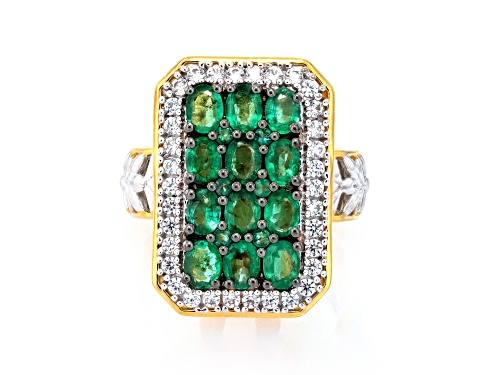 2.98ctw Grizzly Emerald, Zircon Rhodium & 24K Yellow Gold Over Palladium Sterling Silver Ring - Size 9