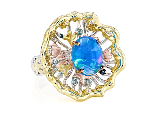 2.82ctw Paraiba Opal, Multi Gemstone Rhod/18/24K Gold Over Palladium Sterling Silver Spinner Ring - Size 8