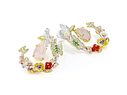 8.41ctw Rose Quartz and Multi Gemstone Rhod/18K/24K Gold Over Palladium Sterling Silver Earrings