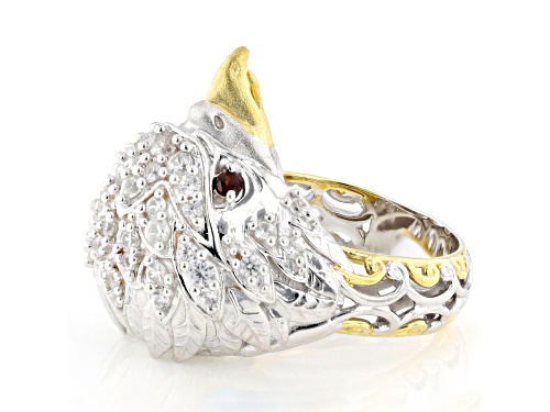1.15ctw Garnet & White Zircon Rhodium & 24K Yellow Gold Over Palladium Sterling Silver Eagle Ring - Size 7