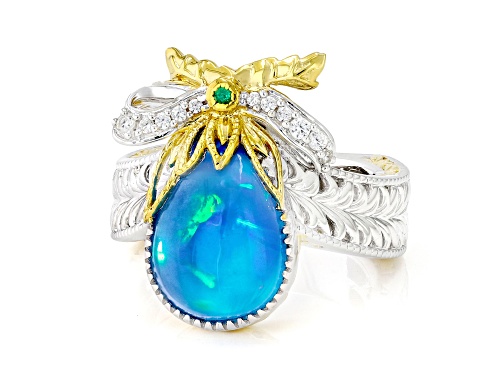3.39ctw Paraiba Opal, Grizzly Emerald, Zircon Rhod/24K Gold Over Palladium Sterling Silver Ring - Size 9