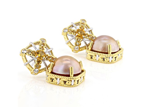 12mm Mabe Pearl, .68ctw Citrine, White Zircon Rhod/24K Gold Over Palladium Sterling Silver Earrings