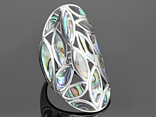 Pacific Style™ 2-5mm X 8-12mm Marquise Abalone Shell Rhodium Over Silver Inlay Open Design Ring - Size 6
