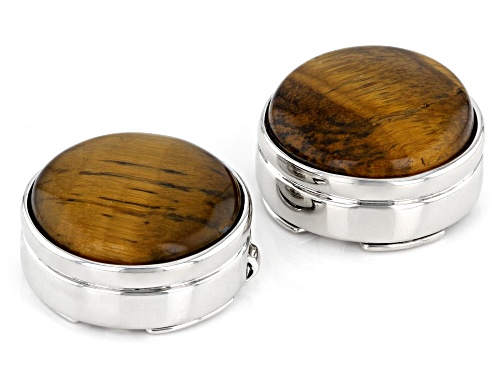 Yellow Tigers Eye Round Rhodium Over Brass Button Cover Set of 2 in Black Gift Box