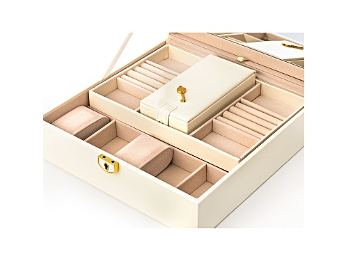 Lockable White Jewelry Box with Mirror and Inner Removable Storage Box