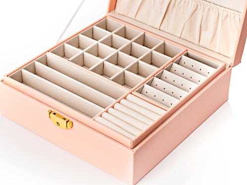 Pink Faux Leather Lockable Jewelry Box with Removable Stacking Interior Layer