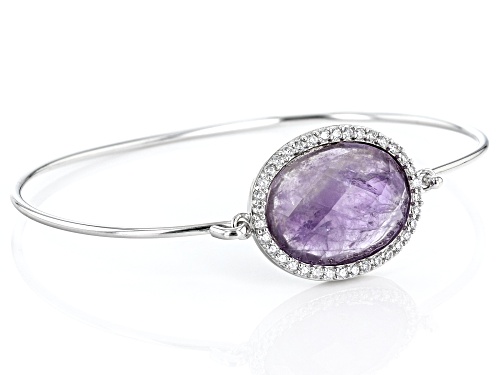 20x15mm Oval Purple Amethyst And Round Cubic Zirconia Rhodium Over Sterling Silver Bangle Bracelet - Size 6.75