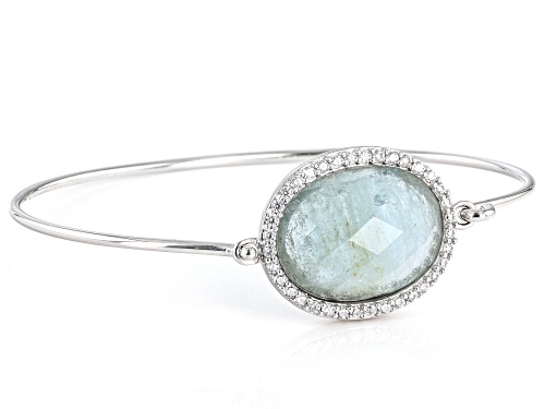 20x15mm Oval Milky Aquamarine And Round Cubic Zirconia Rhodium Over Sterling Silver Bangle Bracelet - Size 6.75