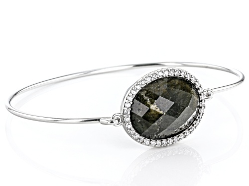 20x15mm Oval Labradorite And Round Cubic Zirconia Rhodium Over Sterling Silver Bangle Bracelet - Size 6.75