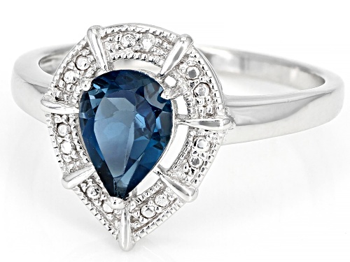 0.90ct Pear London Blue Topaz, .01ct Round White Diamond Accent Rhodium Over Sterling Silver Ring - Size 8