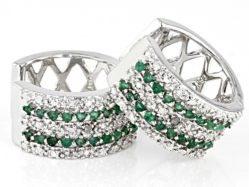 0.72ctw Emerald With .02ctw Diamond Accent Rhodium Over Sterling Silver Hoop Earrings