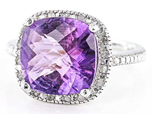4.15ct Amethyst With 0.10ct Diamond Rhodium Over Sterling Silver Ring - Size 6