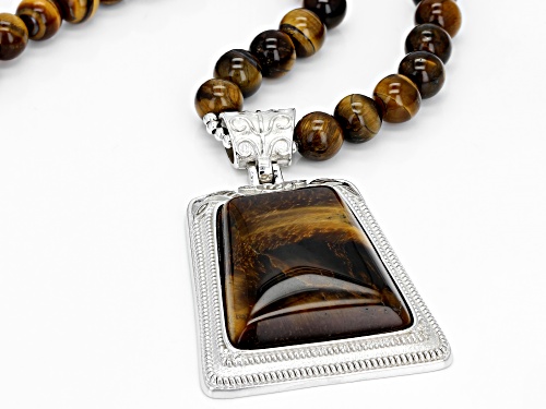 8-9mm Round Bead & 35x20mm Trapezoid Drop Tiger's Eye Sterling Silver Necklace - Size 20
