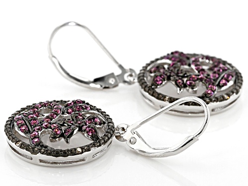 .83ctw round Raspberry Color Rhodolite with Diamond Accent Rhodium Over Silver Dangle Earrings