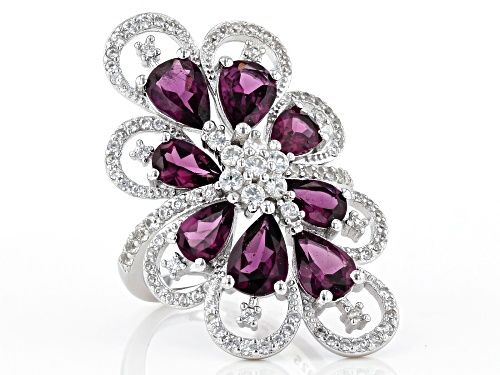 4.56CTW RASPBERRY COLOR RHODOLITE WITH 1.25CTW WHITE ZIRCON RHODIUM OVER STERLING SILVER RING - Size 8