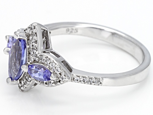 .68CTW MARQUISE TANZANITE WITH .26CTW ROUND WHITE ZIRCON RHODIUM OVER STERLING SILVER 3-STONE RING - Size 8