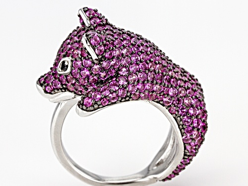 4.80ctw Lab Created Pink Sapphire with .02ctw Black Spinel Rhodium Over Sterling Silver Pig Ring - Size 7