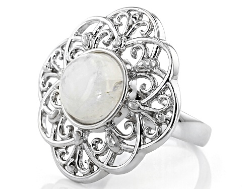 10MM ROUND CABOCHON RAINBOW MOONSTONE RHODIUM OVER STERLING SILVER SOLITAIRE RING - Size 8