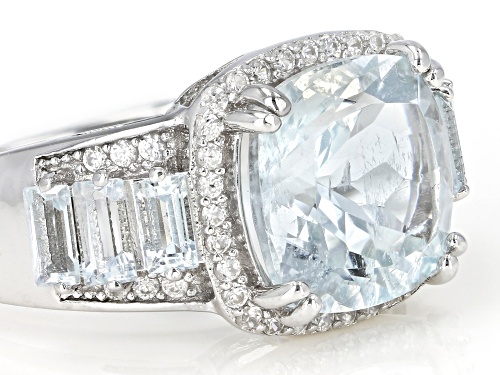 3.84ctw Cushion & Baguette Aquamarine With .40ctw White Zircon Rhodium Over Silver Ring - Size 9