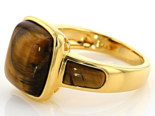 12x10mm Rectangular Cushion & 7x4mm Fancy Shape Tiger's Eye 18k Gold Over Silver 3-Stone Ring - Size 8