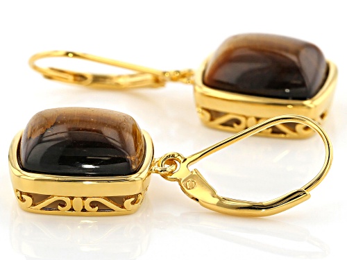 12x10mm Rectangular Cushion Tiger's Eye 18k Yellow Gold Over Silver Solitaire Dangle Earrings